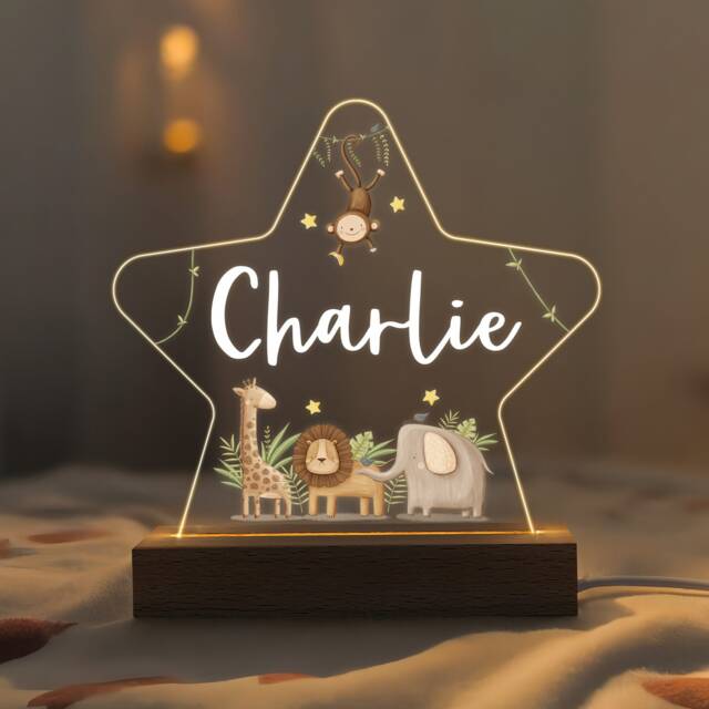 Personalised Led Safari Animal Star Lamp, Kids Night Light Gift, Baby Light, Birthday Gifts For Kids, Bedroom Nursery Table - image 1