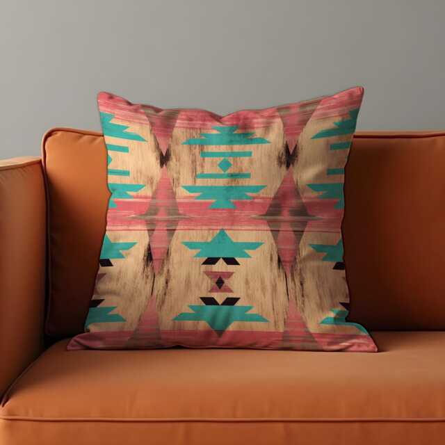Southwestern Cushion Cover, Faded Aztec Pattern in Coral & Turquoise Pillow Case, Rustic Desert Throw Boho Western Decor - image 1