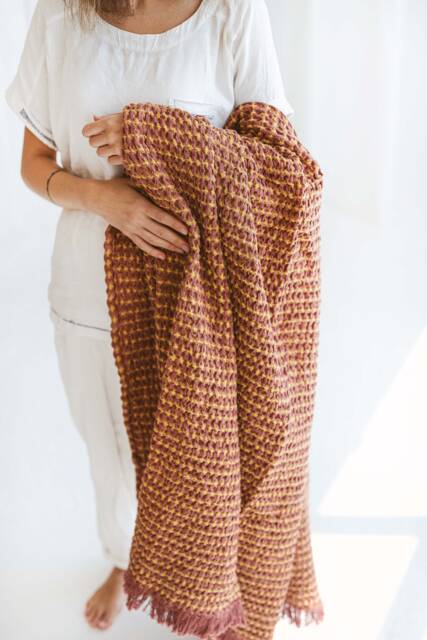 Waffle Linen Throw Blanket Purple Yellow Melange, Chunky Bedspread - 120x180cm - image 1