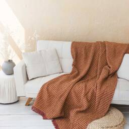 Waffle Linen Throw Blanket Purple Yellow Melange, Chunky Bedspread - 120x180cm - thumbnail 2