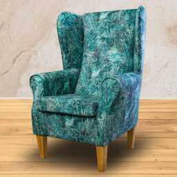 Large Floral Teal High Back Chair - Velvet Upholstered Armchair Handmade in Britain - thumbnail 1