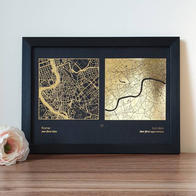 A4 Any Two Locations Metallic Map Print, Custom Multi Location Foil Personalised Print in Copper, Gold, Silver Or Rose Gold - image 1