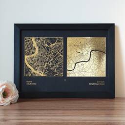 A4 Any Two Locations Metallic Map Print, Custom Multi Location Foil Personalised Print in Copper, Gold, Silver Or Rose Gold - thumbnail 1