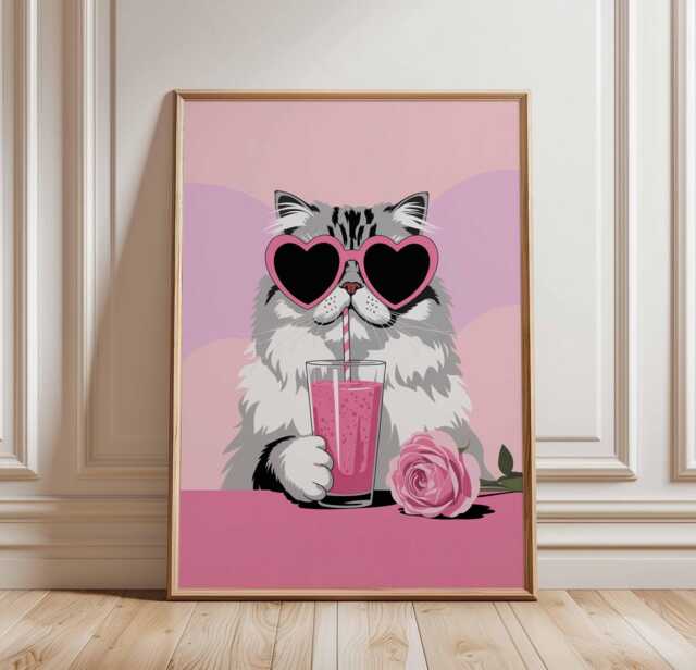 Cool Cat Poster, Pink Heart Glasses Kitty Print, Funny Wall Art, Kawaii Animal Decor, Cute Smoothie Illustration, Unframed Poster - image 1