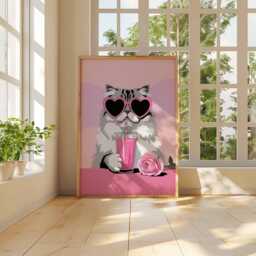 Cool Cat Poster, Pink Heart Glasses Kitty Print, Funny Wall Art, Kawaii Animal Decor, Cute Smoothie Illustration, Unframed Poster - thumbnail 3