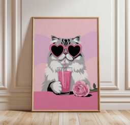 Cool Cat Poster, Pink Heart Glasses Kitty Print, Funny Wall Art, Kawaii Animal Decor, Cute Smoothie Illustration, Unframed Poster - thumbnail 1