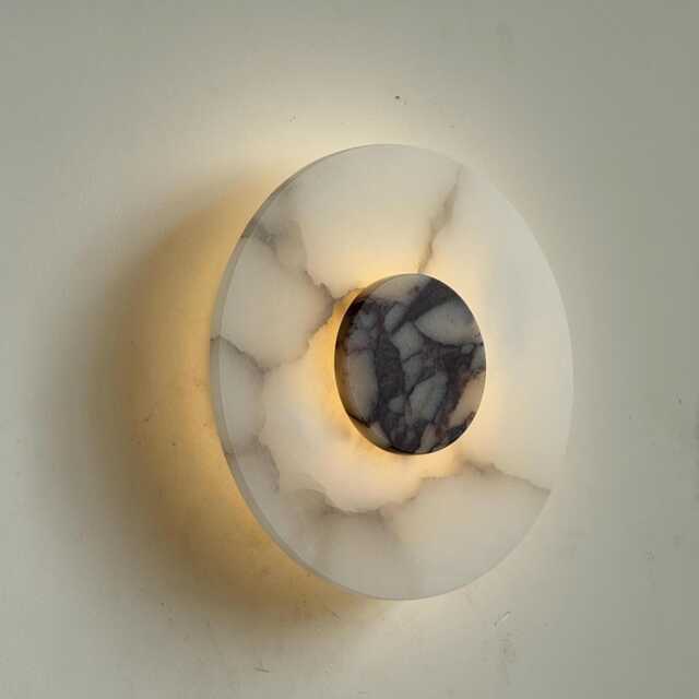 Luminous Alabaster Wall Sconce With Calacatta Marble Medallion, Modern Minimalist Handmade Sconce, Lamp, Art - image 1