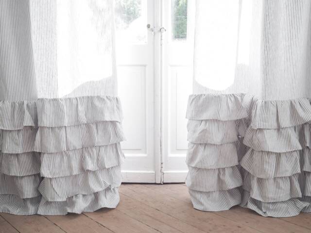 Linen Curtain With Ruffles. Rod Pocket Panel/1 Pcs. Gray Stripes Ruffled Heavy Linen - 280 G/M2 - image 1