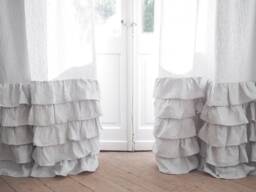 Gray Striped Ruffled Linen Curtain, Heavy Rod Pocket Panel