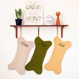 Personalized Dog Bone Christmas Stocking - Embroidered Linen