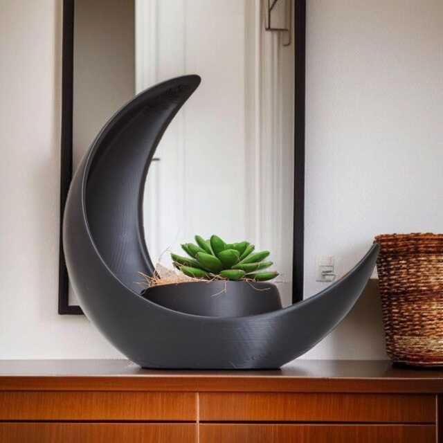 Crescent Moon Decoration With Elliptical Plant Pot - Modern Bioplastic Home Decor - image 1