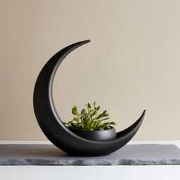 Crescent Moon Decoration With Elliptical Plant Pot - Modern Bioplastic Home Decor - thumbnail 2