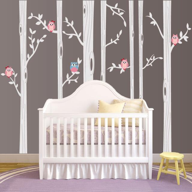 Birch Tree Wall Decal, Nursery Decal Set With Owl Birds Forest Vinyl Sticker, Baby Whimsical Owls #1321 - image 1