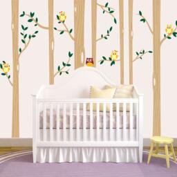 Birch Tree Wall Decal, Nursery Decal Set With Owl Birds Forest Vinyl Sticker, Baby Whimsical Owls #1321 - thumbnail 3