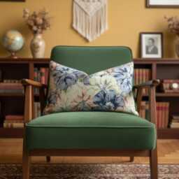 Floral Tapestry Pillow Cover, Blue & Green Vintage Flower Cushion - thumbnail 3
