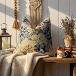 Floral Tapestry Pillow Cover, Blue & Green Vintage Flower Cushion - thumbnail 4