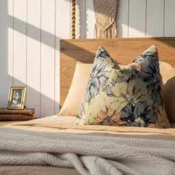 Floral Tapestry Pillow Cover, Blue & Green Vintage Flower Cushion - thumbnail 2