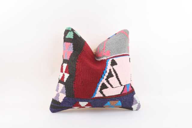 Vintage Turkish Kilim Pillow Cover, Handwoven Wool Cushion, 16x16 - image 1