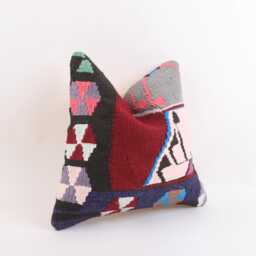 Vintage Turkish Kilim Pillow Cover, Handwoven Wool Cushion, 16x16 - thumbnail 3