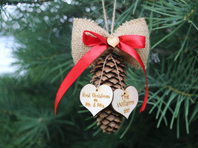 Couple Pine Cone Decoration/Mr&mrs Custom First Christmas Ornament Married/Our First Ornament/Couple Decor - image 1