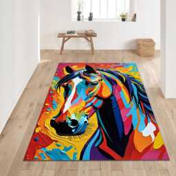 Cubist Abstract Colorful Horse Art Rug, Modern Mat - thumbnail 2