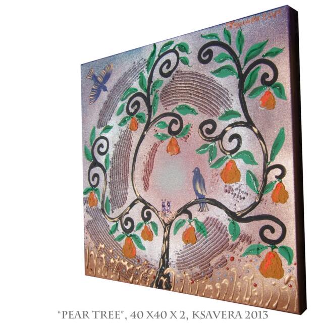 Painting On Canvas Love Birds Nest Pear Tree Of Life Art Blossom Landscape Impasto Woodland Enchanted Forest Flowers Floral Family - image 1