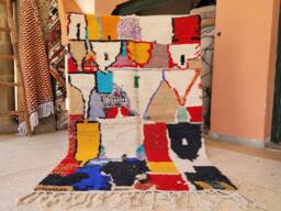 Moroccan Rug 5x8, Colorful Rug, Orange & Yellow Berber Blue Handmade Black Off White Modern Wool Shag - thumbnail 1