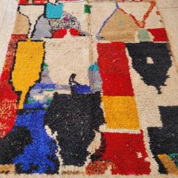 Moroccan Rug 5x8, Colorful Rug, Orange & Yellow Berber Blue Handmade Black Off White Modern Wool Shag - thumbnail 3
