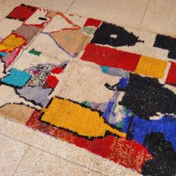 Moroccan Rug 5x8, Colorful Rug, Orange & Yellow Berber Blue Handmade Black Off White Modern Wool Shag - thumbnail 2