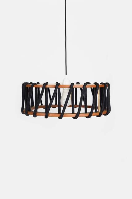 Handwoven Wood Pendant Lamp Black Cord Soft Minimal Chandelier 30cm Diameter - image 1
