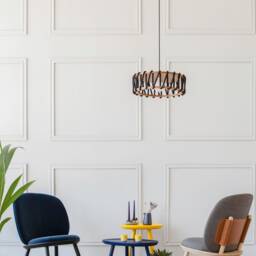 Handwoven Wood Pendant Lamp Black Cord Soft Minimal Chandelier 30cm Diameter - thumbnail 2