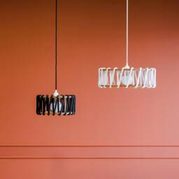 Handwoven Wood Pendant Lamp Black Cord Soft Minimal Chandelier 30cm Diameter - thumbnail 3