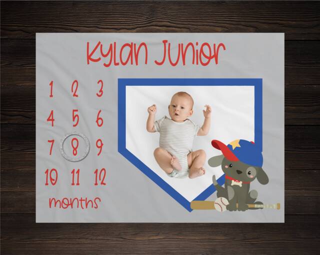 Sports Milestone Blanket, Puppy Dog Monthly Growth Tracker, Baseball Baby Shower Gift, Personalized Boy Watch Me Grow - image 1