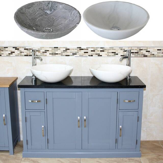 Grey Painted Bathroom Vanity Unit Cabinet Twin Stone Bowl Basin Tap Set 402Gbqsbcx2 - image 1