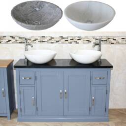 Grey Painted Bathroom Vanity Unit Cabinet Twin Stone Bowl Basin Tap Set 402Gbqsbcx2