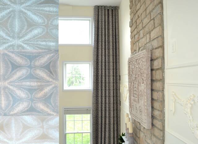 Extra Long Blue Beige Gray Jacquard Curtain With Flower Pattern Grommet Top 16, 17, 18, 20 Feet 2 Story Great Room Ikiriska - image 1