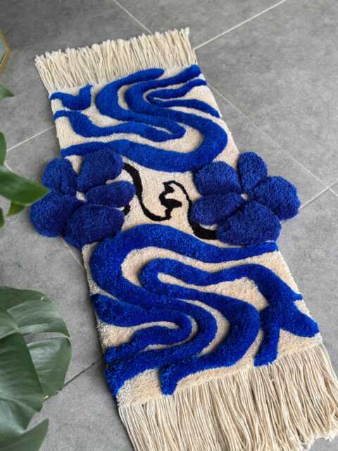 3D Floral Tufted Rug With Fringe - Handmade Navy & Beige Carpet Minimalist Home Decor - image 1