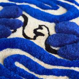 3D Floral Tufted Rug With Fringe - Handmade Navy & Beige Carpet Minimalist Home Decor - thumbnail 3