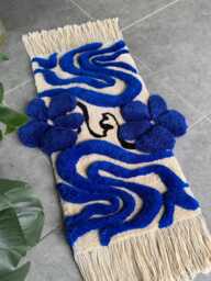 3D Floral Tufted Rug With Fringe - Handmade Navy & Beige Carpet Minimalist Home Decor - thumbnail 1