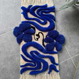 3D Floral Tufted Rug With Fringe - Handmade Navy & Beige Carpet Minimalist Home Decor - thumbnail 2