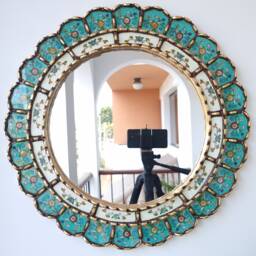 Peruvian Turquoise Harmonious Mirror 50 cm Handmade Wall Decor - Carved Wood Round Statement For Living Room Bathroom - thumbnail 1