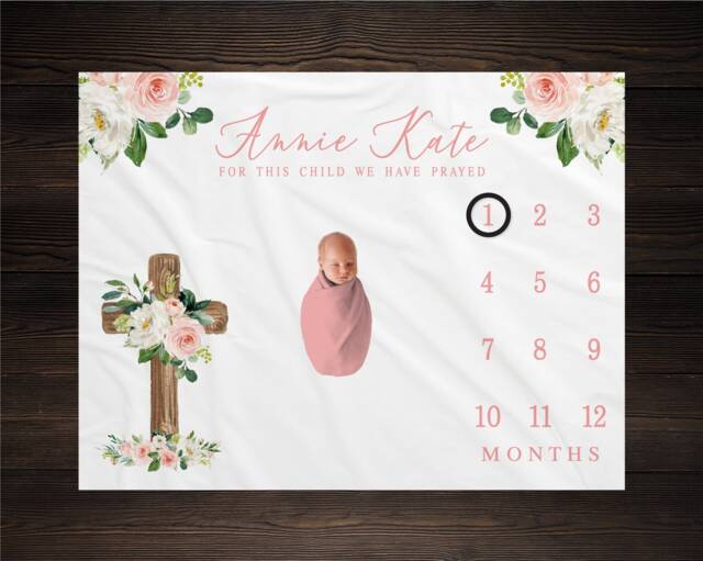 For This Child We Have Prayed Milestone Blanket, Month Growth Tracker, Baby Shower Gift, Baptism Newborn Cross, Church - image 1