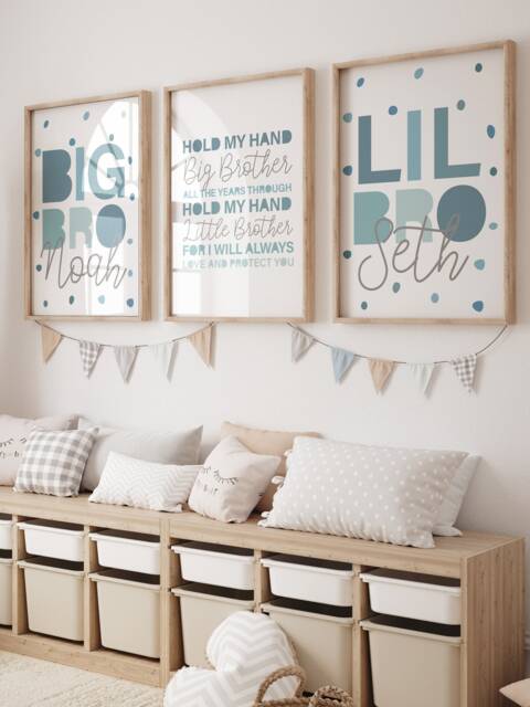 Set Of 3, Brother Bedroom Prints, Personalised Name Big Bro Lil Bro, Sibling Boys Nursery Playroom, Wall Art - image 1