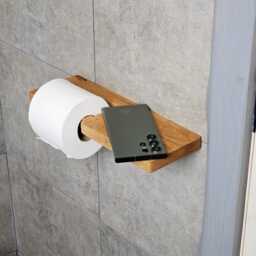 Wooden Toilet Paper Holder With Shelf, Wall Mounted Roll Holder, Extra Storage, Oak Tissue For Powder Rooms - thumbnail 3