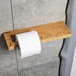 Wooden Toilet Paper Holder With Shelf, Wall Mounted Roll Holder, Extra Storage, Oak Tissue For Powder Rooms - thumbnail 2