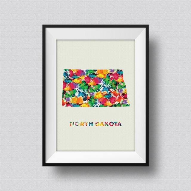 North Dakota Map Watercolor Usa Art Print Ink Splash Poster Canvas