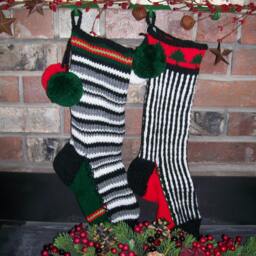 Hand Knit Christmas Stocking Black Gray White Horizontal Stripe Red Green Detail By Santa's Works - thumbnail 3