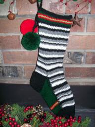 Hand Knit Christmas Stocking Black Gray White Horizontal Stripe Red Green Detail By Santa's Works