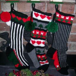 Hand Knit Christmas Stocking Black Gray White Horizontal Stripe Red Green Detail By Santa's Works - thumbnail 4