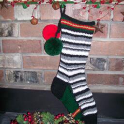 Hand Knit Christmas Stocking Black Gray White Horizontal Stripe Red Green Detail By Santa's Works - thumbnail 2